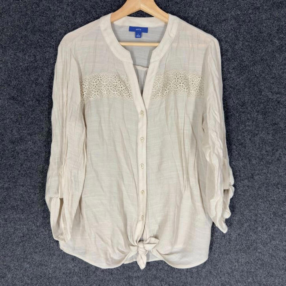 Apt. 9 Shirt Women L Large Beige Button Up V-Neck Long Sleeve Rayon Casual